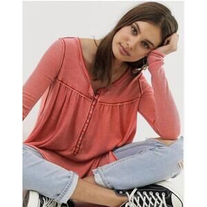 We The Free Coral Kai Thermal Scoop Neck Henley Top - Size - Small